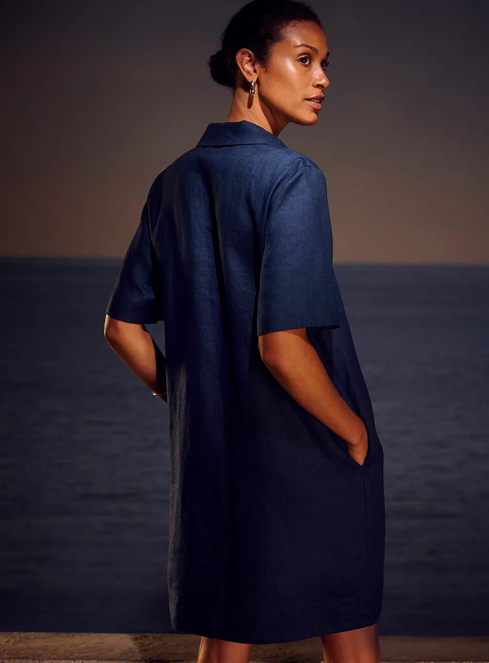 Loose pure linen Johnny collar dress