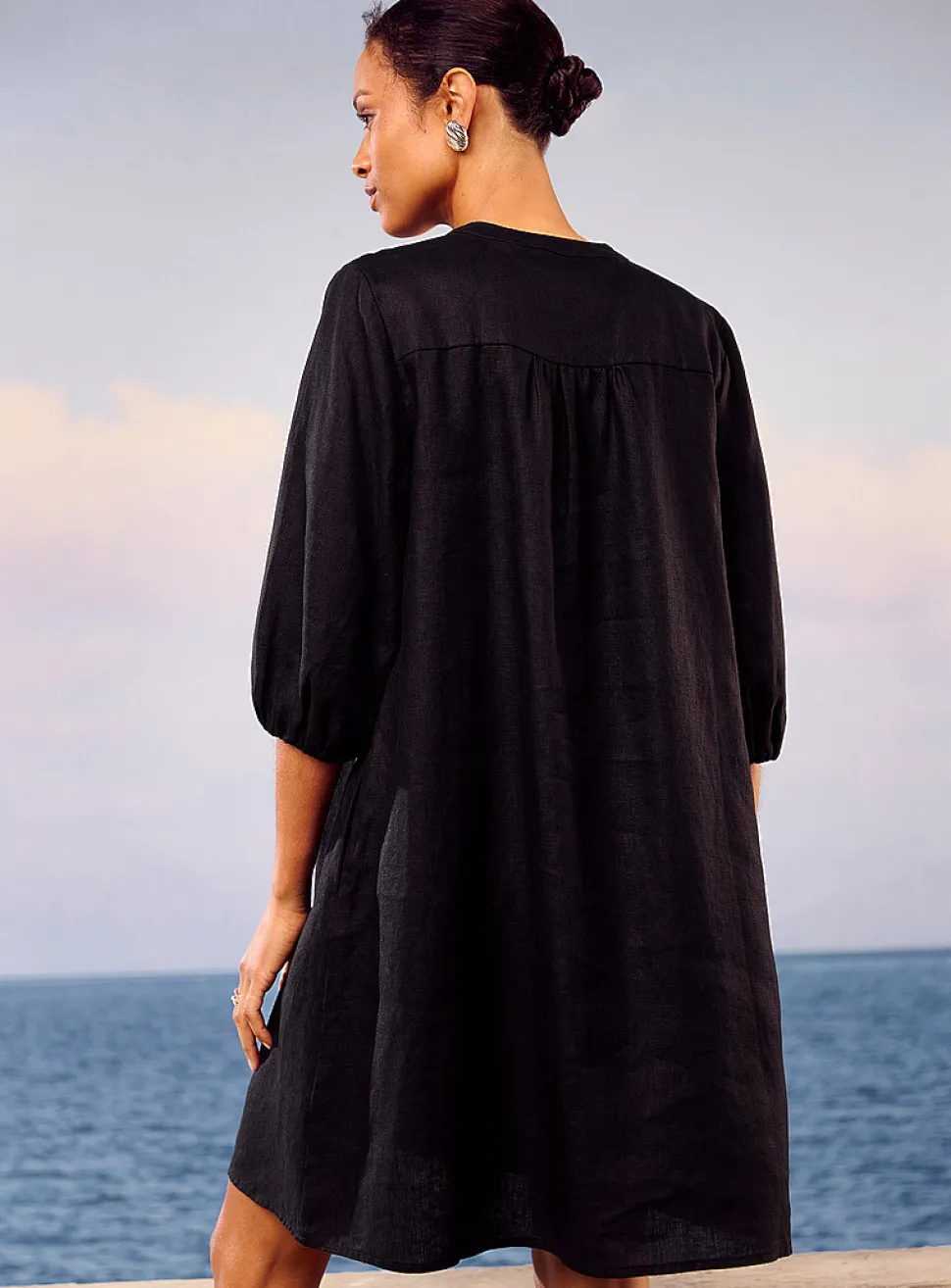 Loose pure linen 3/4-sleeve dress