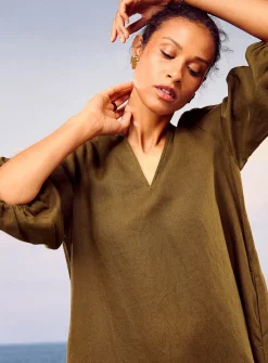 Loose pure linen 3/4-sleeve dress