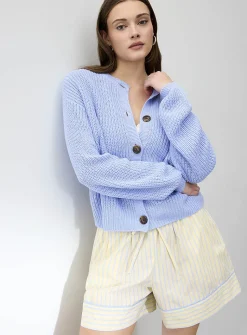 Marbled buttons shaker-rib cardigan