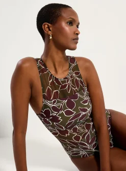 Mesh accent scoop-neck one-piece
