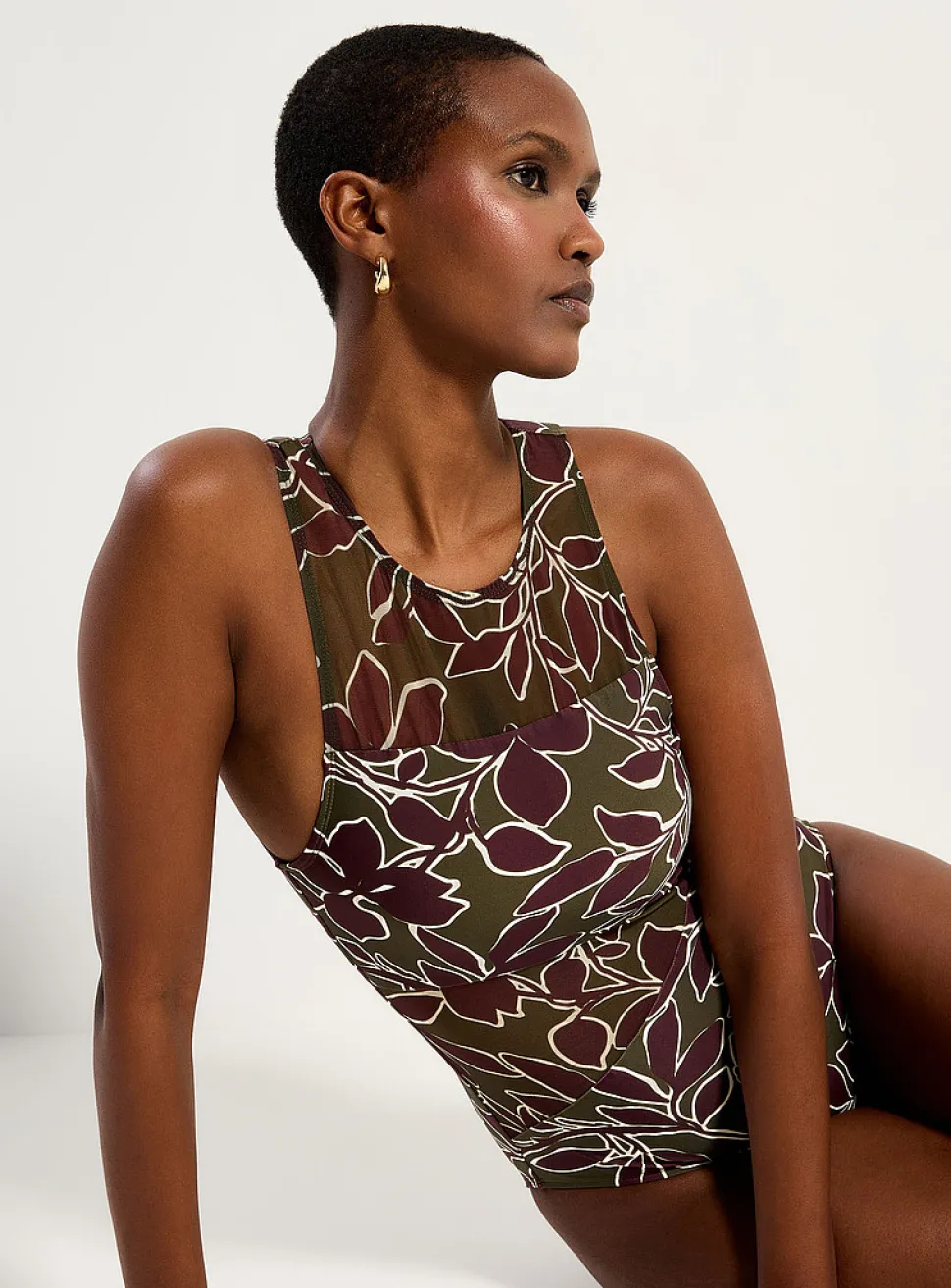 Mesh accent scoop-neck one-piece