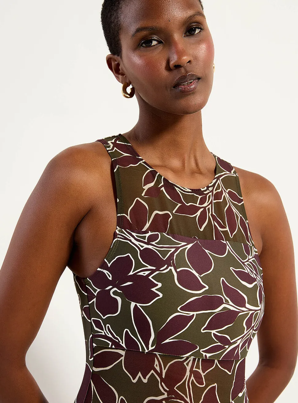 Mesh accent scoop-neck one-piece