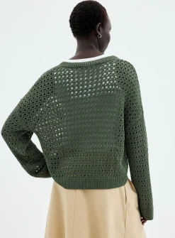 Metallic-accent openwork sweater