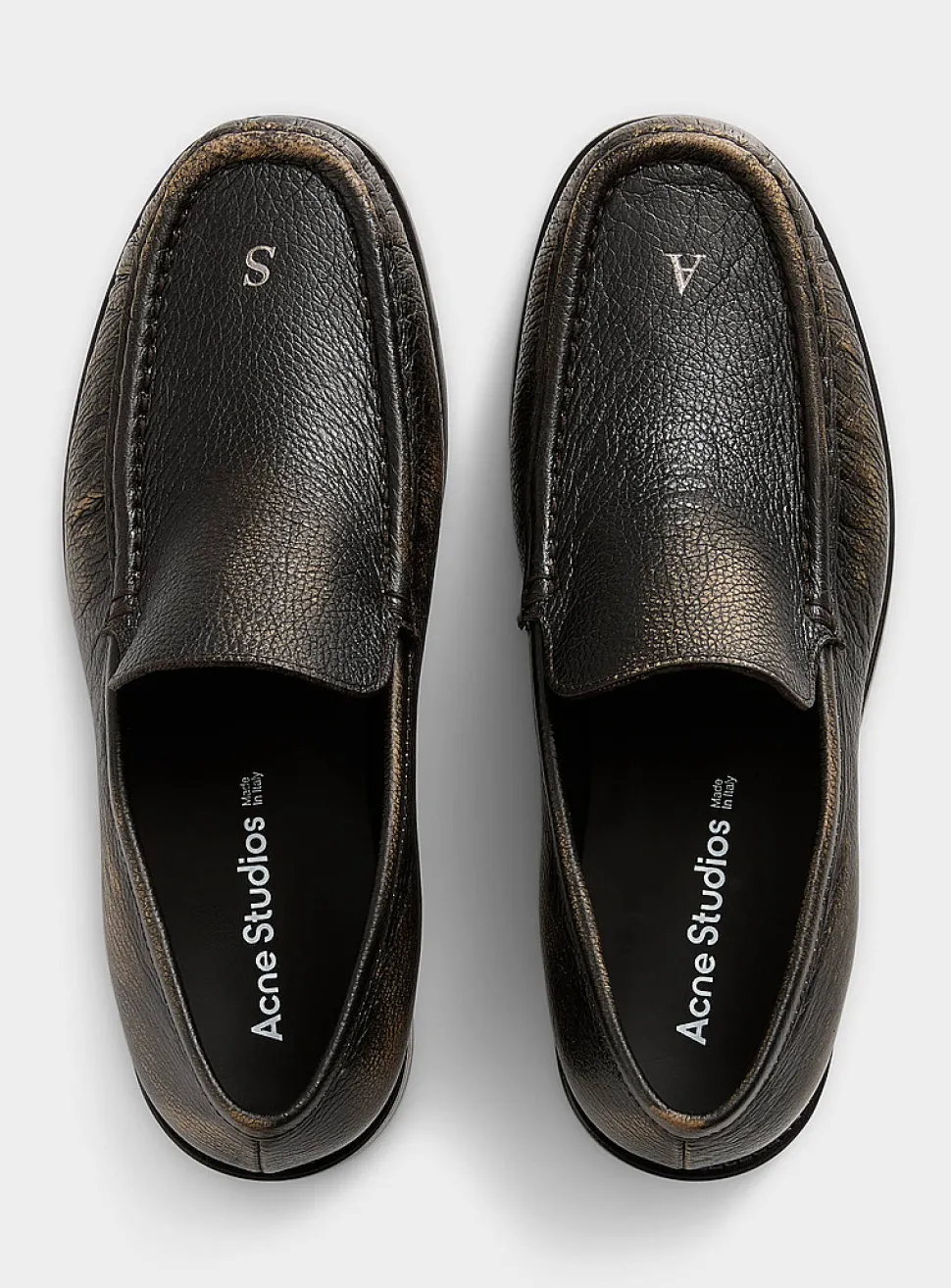 Metallized letter distressed leather loafers