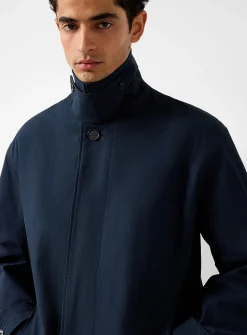 Navy-blue organic cotton long trench coat