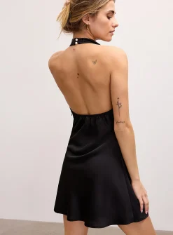 Open-back halter neckline satiny minidress