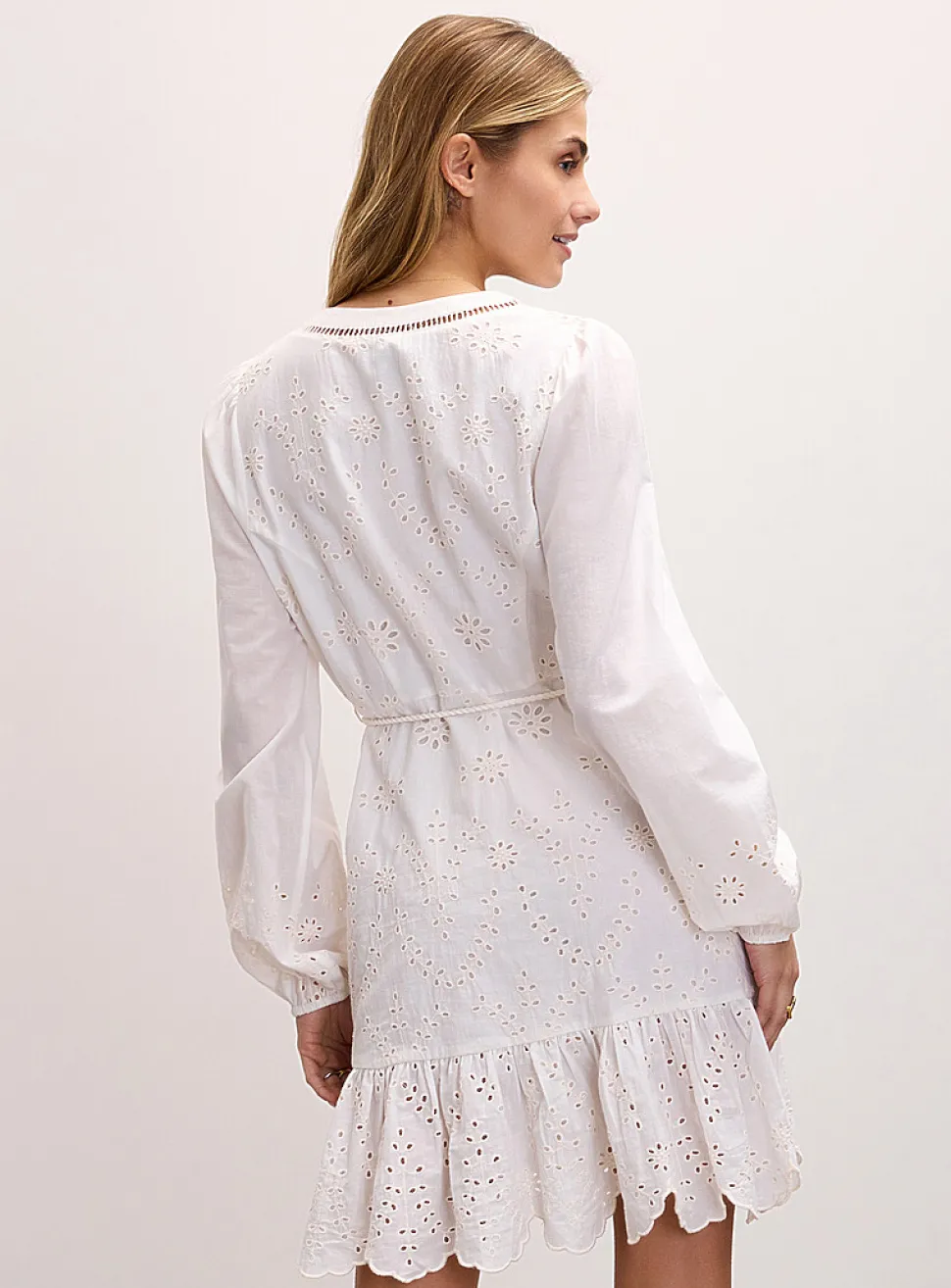 Openwork broderie anglaise belted minidress