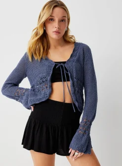 Openwork knit tie-up cropped cardigan
