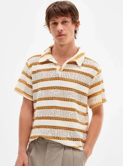 Openwork stripe Johnny collar polo