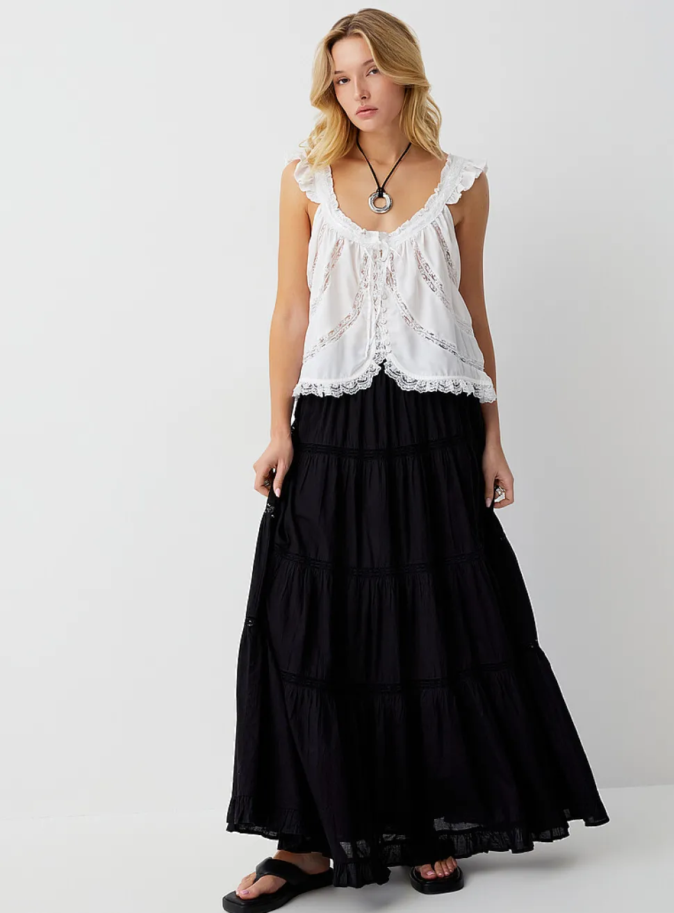 Openwork strips maxi tiered skirt