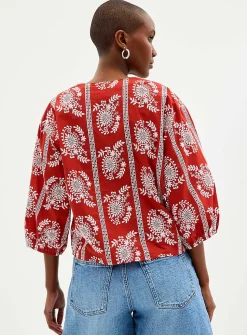 Paisley embroidery V-neck blouse