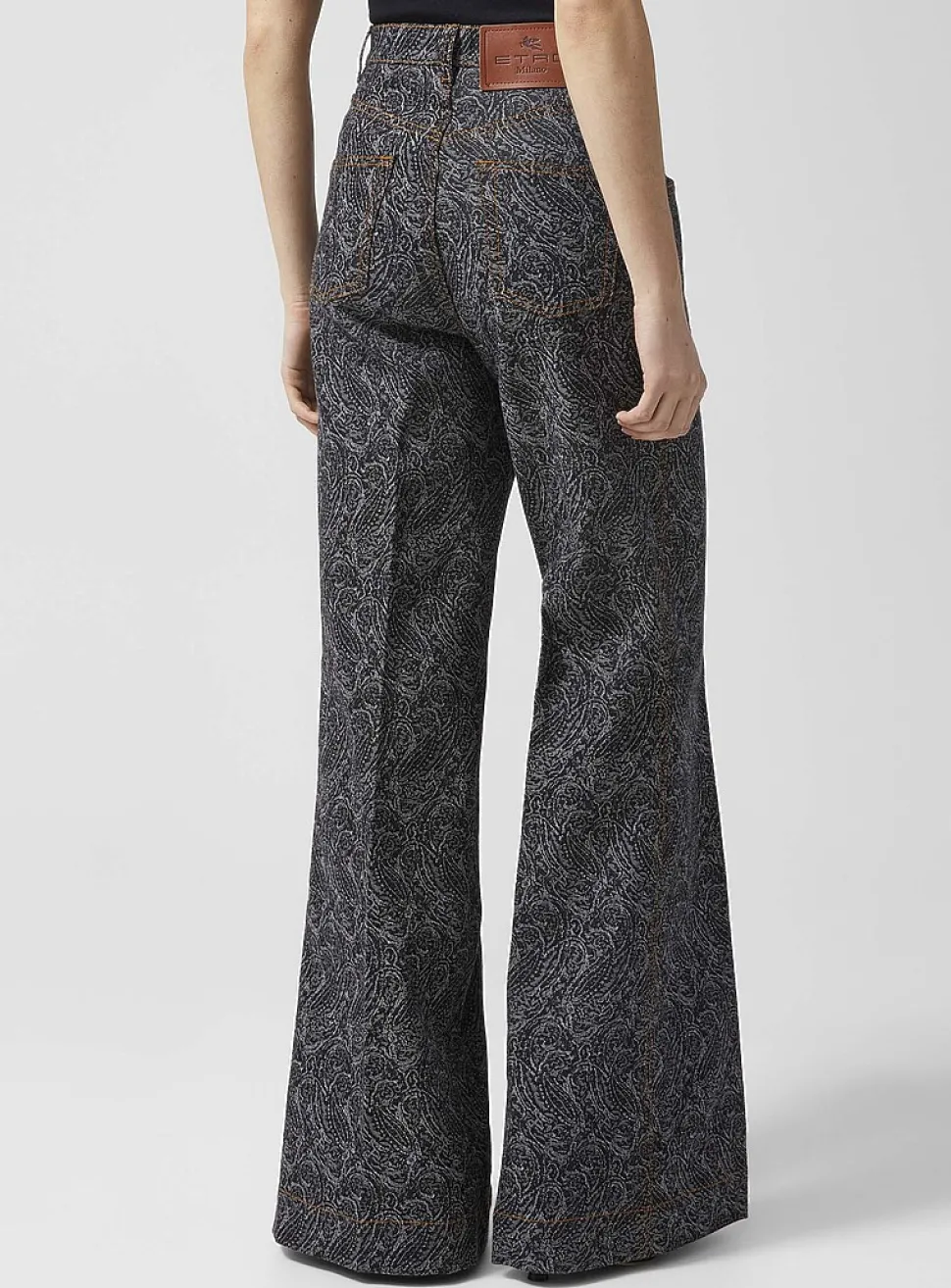 Paisley pattern flared-leg blue jean