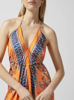 Paisley pattern pure silk halter dress