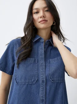 Patch-pocket denim shirt dress