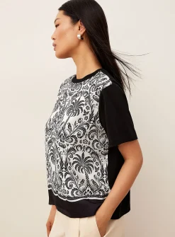 Patterned dual-material satiny T-shirt