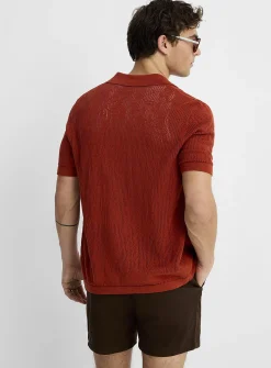 Patterned openwork knit polo-collar cardigan
