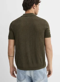Patterned openwork knit polo-collar cardigan