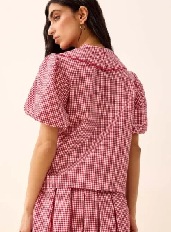 Peter Pan collar balloon-sleeve seersucker blouse