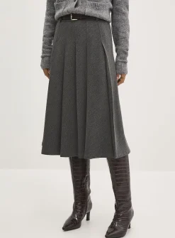 Pleated belted flared skirt