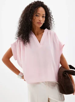 Pleated cap-sleeve pure silk blouse