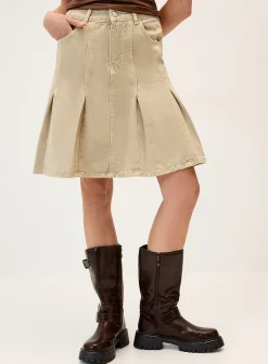 Pleated denim midi skirt