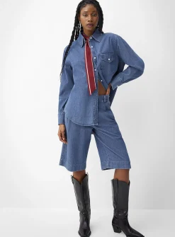 Pleated lightweight denim Bermuda short