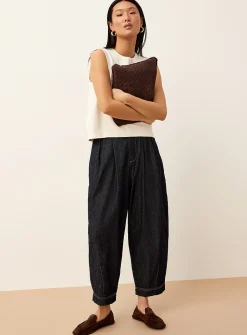 Pleated lightweight denim barrel-leg jean