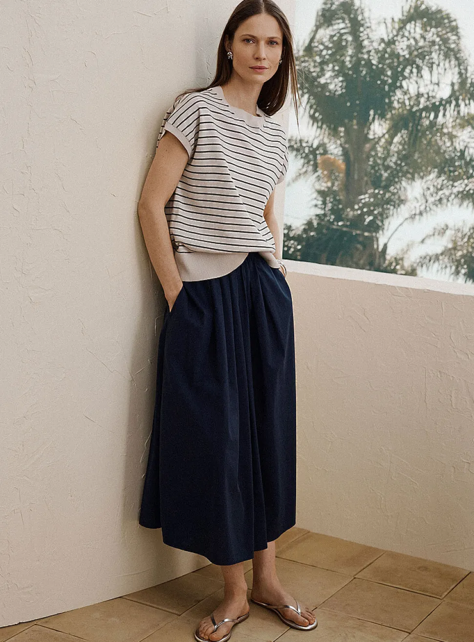 Pleated-waist poplin maxi skirt