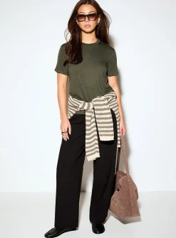 Pleated-waist thick crepe wide-leg pant