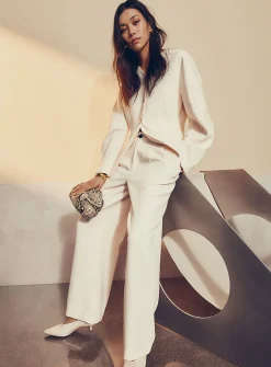 Pleated-waist thick crepe wide-leg pant