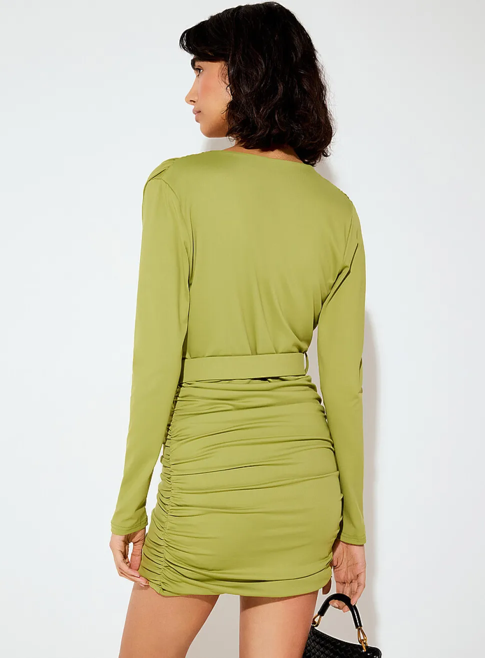 Plunging-neckline belted minidress