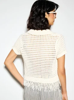 Plush-knit polo-collar fringed cardigan