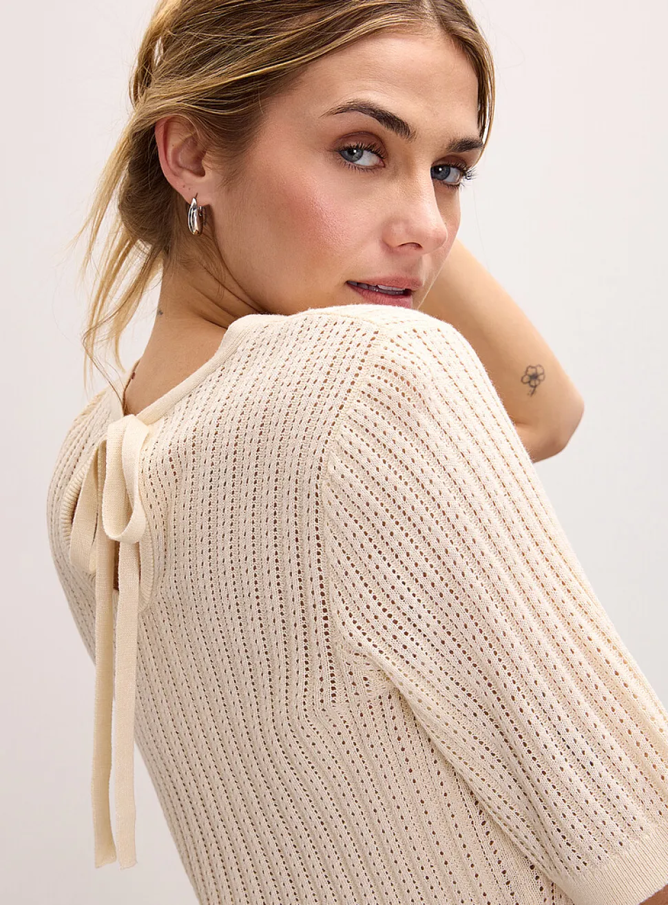 Pointelle-knit short-sleeve sweater