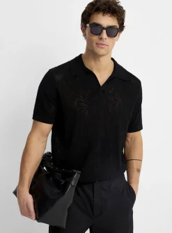 Pointelle-pattern knit Johnny collar polo