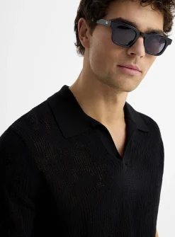 Pointelle-pattern knit Johnny collar polo