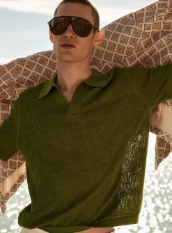 Pointelle-pattern knit Johnny collar polo