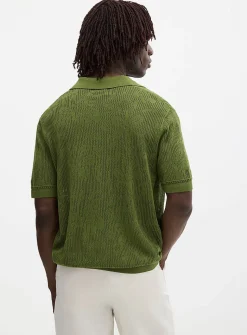Pointelle-pattern knit Johnny collar polo