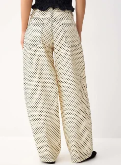 Polka-dotted barrel-leg jean