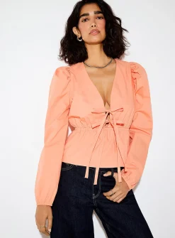 Poplin tie-waist plunging V-neck blouse