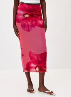 Printed mesh maxi skirt