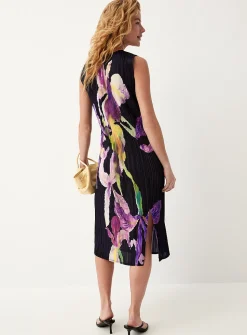 Printed pleated-texture sleeveless midi dress