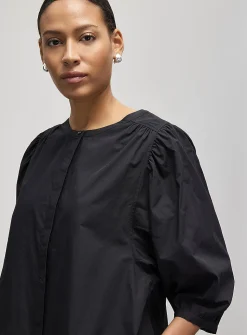 Puff-sleeve loose poplin dress