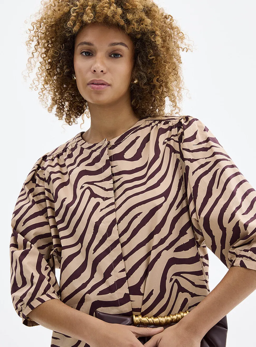 Puff-sleeve loose poplin print dress