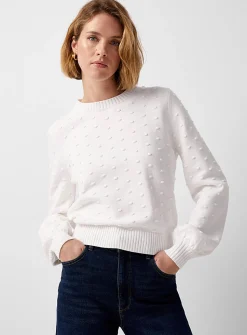 Puff-sleeve pompom sweater