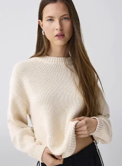 Puff-sleeve thick knit sweater