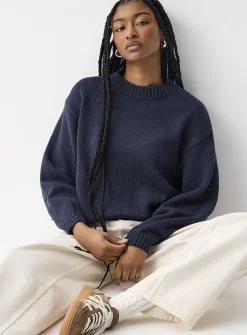 Puff-sleeve thick knit sweater