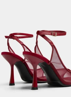 Red open-toe slingback pumps