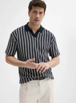 Retro stripe Johnny-collar polo