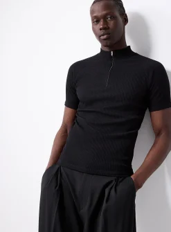 Ribbed zip-neck T-shirt